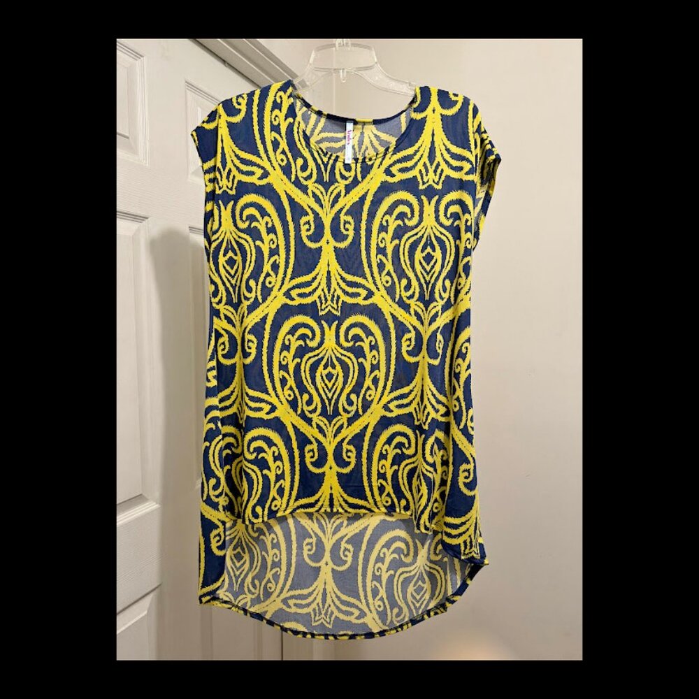 Blue & Yellow Azules High/Low Dress with Cap Sleeves Jersey Knit Size M